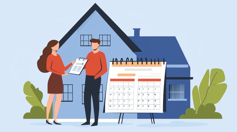 AI-generated image of a couple standing in front of a house with a calendar.